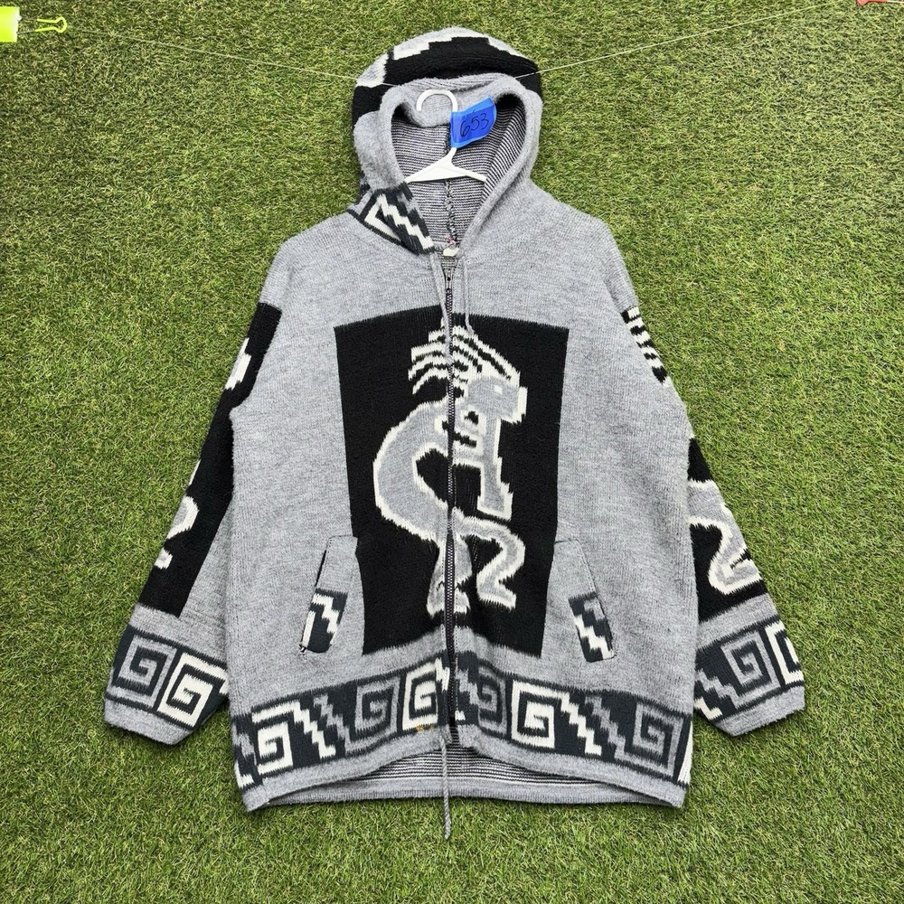 Vintage South American Aztec Sweater Mens Large Full Zip Hooded Jacket 90s